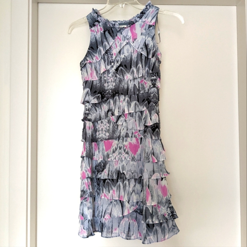Dressbarn Gray Pink Ruffle Fitted Sleeveless Dress, Size 4